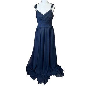 Angelina Faccenda Navy Blue Evening Gown With Embellished Straps Size 10